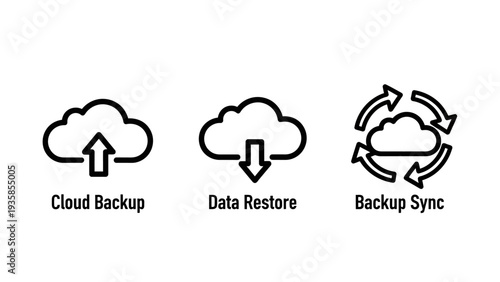 Cloud Backup, Data Restore, and Backup Synchronization Icons for Secure Digital Storage and Recovery Services