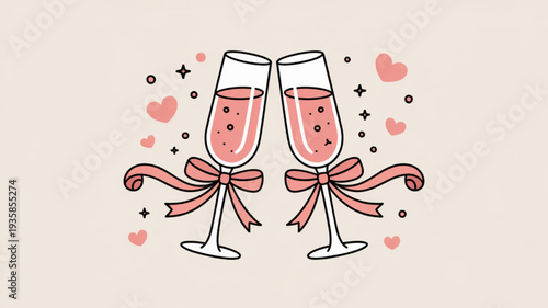 Romantic champagne glasses with bows and hearts illustration for celebration and love