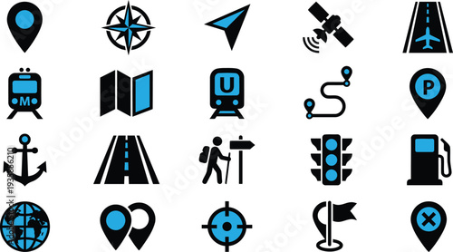 Navigation and transportation icons for travel and directions on a website or application interface  various symbols for mapping and location