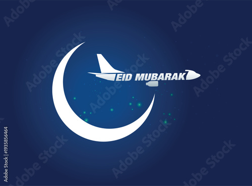 Eid Mubarak creative concept design with plane. Eid Moon and plane in Dark blue background. Airlines.