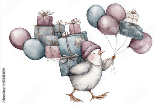 A chick and a lamb walk together, holding hands. They carry balloons and a gift. Flowers are scattered around as they enjoy the Easter holiday