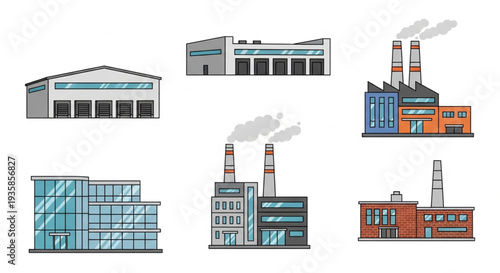 Collection of Industrial Buildings and Factories in Vector Illustration.