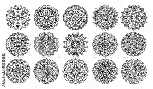 Ethnic round mandala therapy pattern set vintage decorative vector illustration