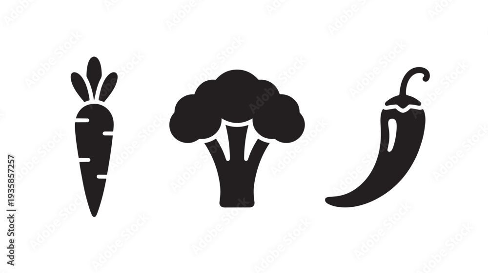 Obraz premium Black Silhouettes Of Carrot, Broccoli, And Chili Pepper On White Background For Healthy Eating Concepts