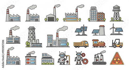 Collection of industrial buildings and machinery icons.