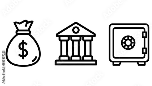 Financial Security and Banking System Icons: Money Bag, Bank Building, and Safe Deposit Box Concepts
