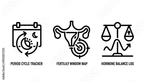 Female Health Tracking Icons for Period Cycle, Fertility Window Mapping, and Hormone Balance Logging App