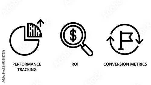 Business Performance Tracking, ROI, and Conversion Metrics Icons for Data Analytics and Marketing Strategy