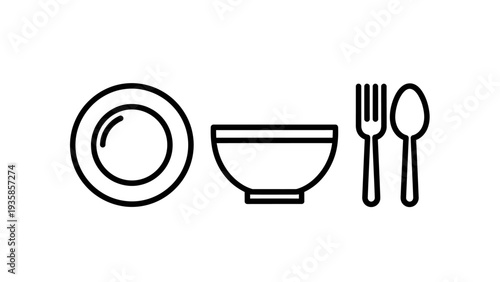Basic Kitchen and Dining Icons: Plate, Bowl, Fork, and Spoon Utensils for Food and Restaurant Concepts
