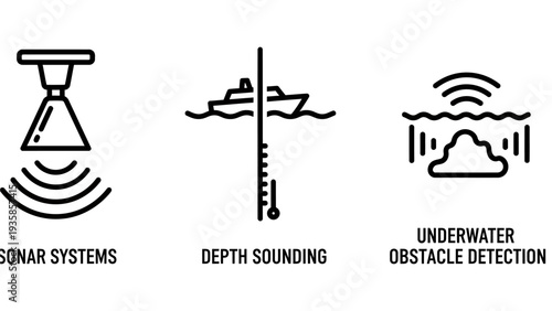 Marine Navigation and Underwater Exploration Icons: Featuring Sonar Systems, Depth Sounding, and Advanced Obstacle Detection for Maritime Technology.