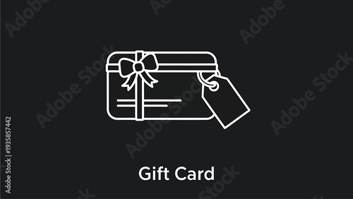 Elegant White Outline Gift Card Icon with Bow and Tag on Dark Background, Perfect for E-commerce Promotions, Holiday Sales, and Customer Rewards Programs.