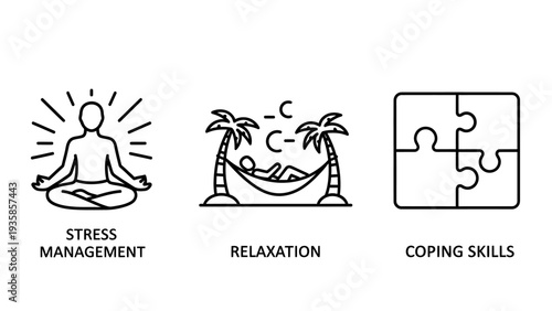 Mental Wellness and Stress Management Icons: Illustrating Meditation, Relaxation Techniques, and Coping Skills for Holistic Health and Self-Care Applications.