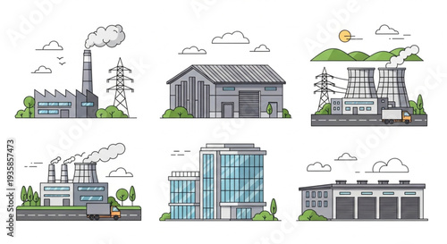 Collection of industrial buildings and power plants illustration.