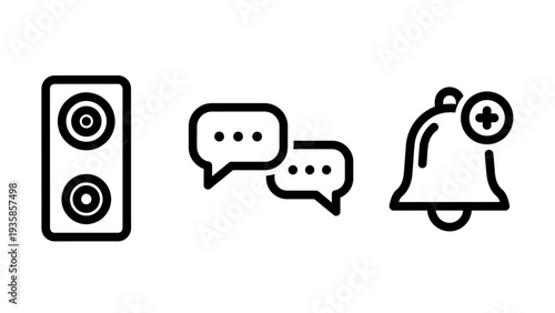 Digital Communication, Notifications, and Audio Speaker Vector Line Icons for Web and App Interfaces