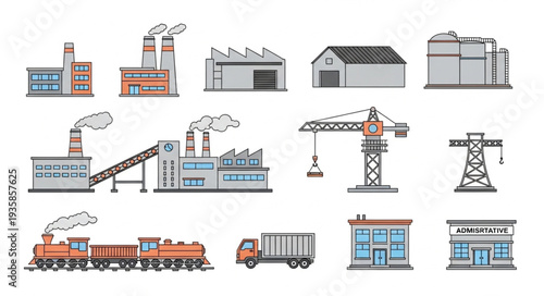 Collection of industrial buildings and vehicles illustration.