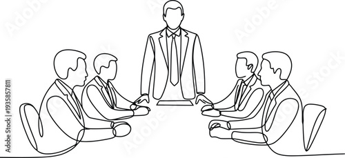 Professional men conducting an important business meeting with one person standing leading the conversation