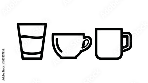 Beverage Container Icon Set: Water Glass, Teacup, and Coffee Mug Symbols for Cafes, Kitchenware, and Drink Menus.
