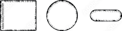 A set of six minimalist hand-drawn geometric frames including square, circle, and hexagon with rough brushstroke borders, isolated on a white background.