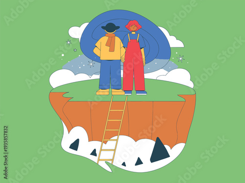 Couple on floating island looking at the sky, symbolizing dreams and aspirations or a new beginning.
