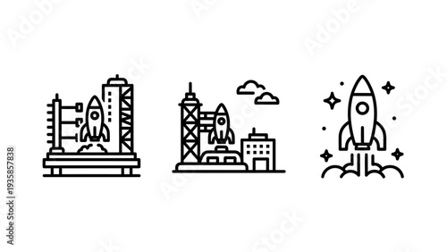 Rocket Launch and Space Exploration Icons for Innovation, Startup, and Aerospace Technology Concepts
