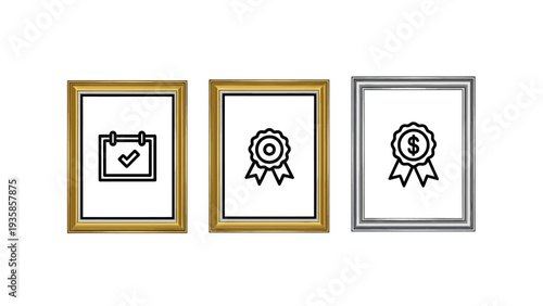 Elegant Gold and Silver Frames with Achievement, Quality, and Financial Value Icons for Certificates and Awards