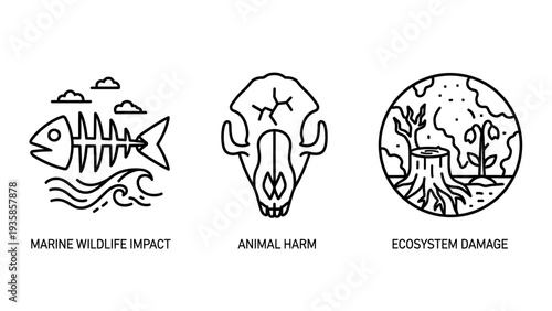 Environmental Damage Icons: Marine Wildlife Impact, Animal Harm, and Ecosystem Crisis Symbols for Climate Awareness