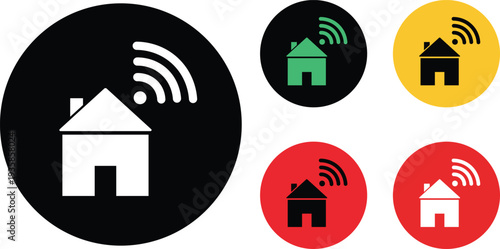 Collection of house with wifi signal in black yellow and red circles house wifi symbol wireless connection