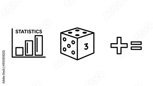Probability and data analysis icons featuring a statistics bar graph, a gaming die, and mathematical symbols for calculation.
