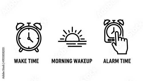 Morning routine and alarm setting icon set featuring wake up clock, sunrise morning time, and manual alarm adjustment.