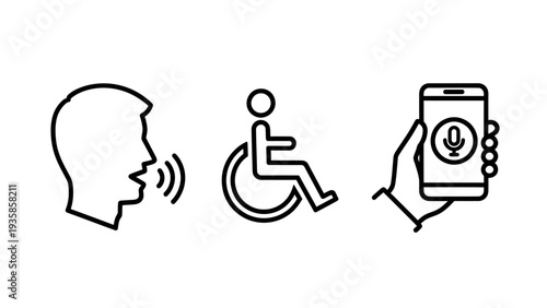 Accessibility and Voice Command Icon Set featuring Speaking Silhouette, Wheelchair Symbol, and Smartphone Microphone for Digital Inclusion