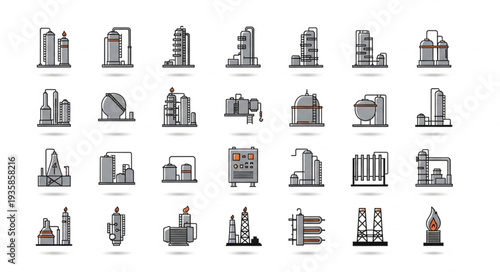 Collection of Industrial Building Icons in Sketch Style.