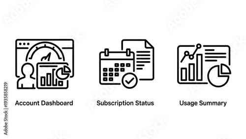 Business Management Dashboard Icon Set for Account Overview, Subscription Status Tracking, and Usage Data Analytics Summary
