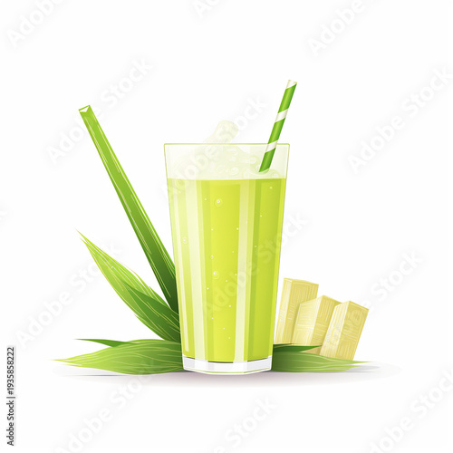 A refreshing glass of aloe vera juice with a straw and slices of aloe vera plant on a white background