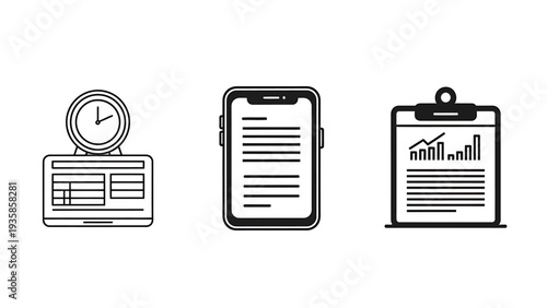 Digital Productivity Icon Set for Time Management Schedules, Mobile Content Reading, and Data Analysis Clipboard Reports