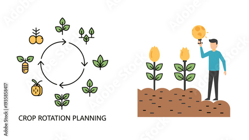 Crop Rotation Planning and Sustainable Farming Illustration with Man Nurturing Plant Growth in Agricultural Field