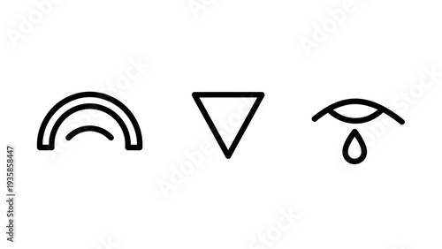 Minimalist line icons set of a rainbow, triangle and weeping eye with teardrop representing weather, geometry and emotion