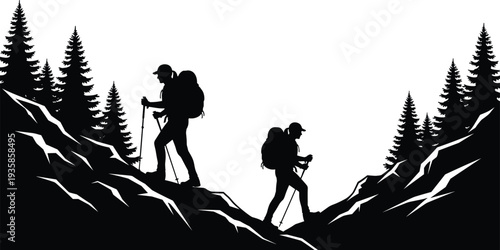 Silhouette of two hikers trekking rocky mountain trail between pine forest hills, backpacking adventure journey, outdoor exploration teamwork in wild nature landscape