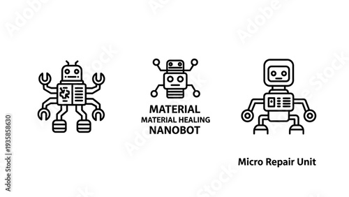 Microscopic nanobot and material healing repair unit icons for futuristic technology concepts