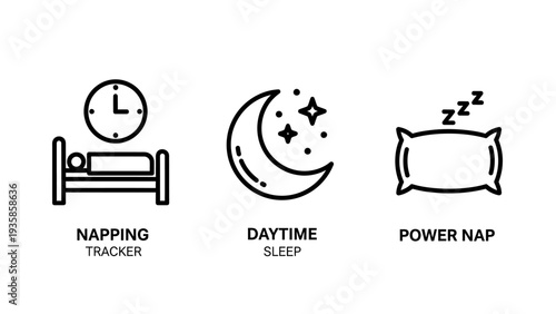Sleep tracking and nap time icon set including daytime sleep power nap and night rest symbols