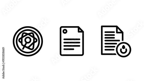 Scientific research and documentation icons featuring atomic structure and data report symbols