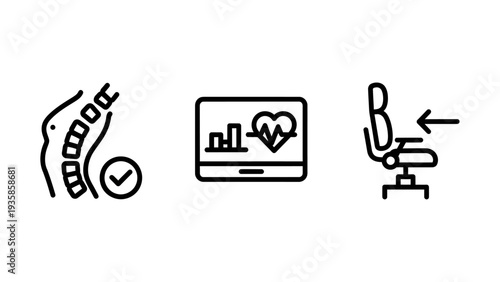 Office Ergonomics and Wellness Icons for Spinal Health Heart Rate Monitoring and Adjustable Seating