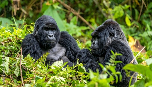 Two Gorillas Resting Peacefully in Lush Greenery.