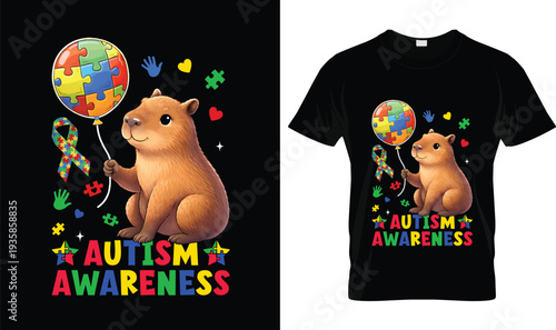 Cute Capybara Autism Awareness Puzzle Autism T-Shirt, t-shirt design, tshirt, vector, illustration, logo, apparel, typography, Autism