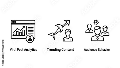 Black Outline Icons for Viral Post Analytics Trending Content and Audience Behavior Analysis in Social Media