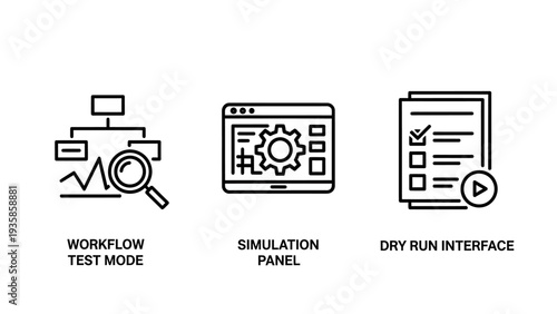 Set of Business Operation Icons Featuring Workflow Test Mode Simulation Panel and Dry Run Interface