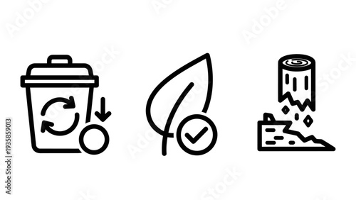 Sustainability and Environmental Impact Icons Showing Recycling Process, Eco Friendly Leaf, and Forestry Management Stump