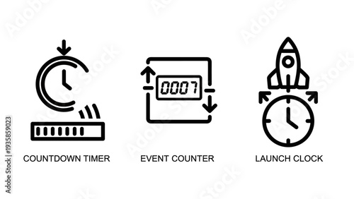 Time Tracking and Event Launch Icons Including Countdown Timer, Digital Counter, and Rocket Launch Clock Concepts