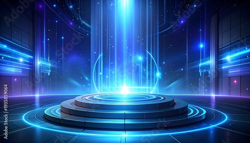 Futuristic Stage with Glowing Blue Light and Circular Platform for Presentation.
