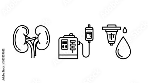 Medical Nephrology Icon Set featuring Human Kidneys, Dialysis Machine Equipment, and Blood Filtration Treatment Symbols