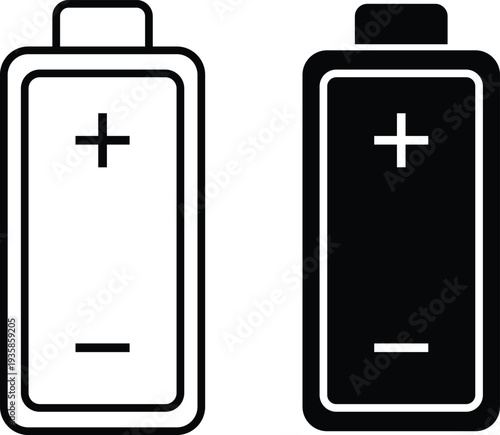Two battery one white one black with plus and minus symbols power energy electricity charge